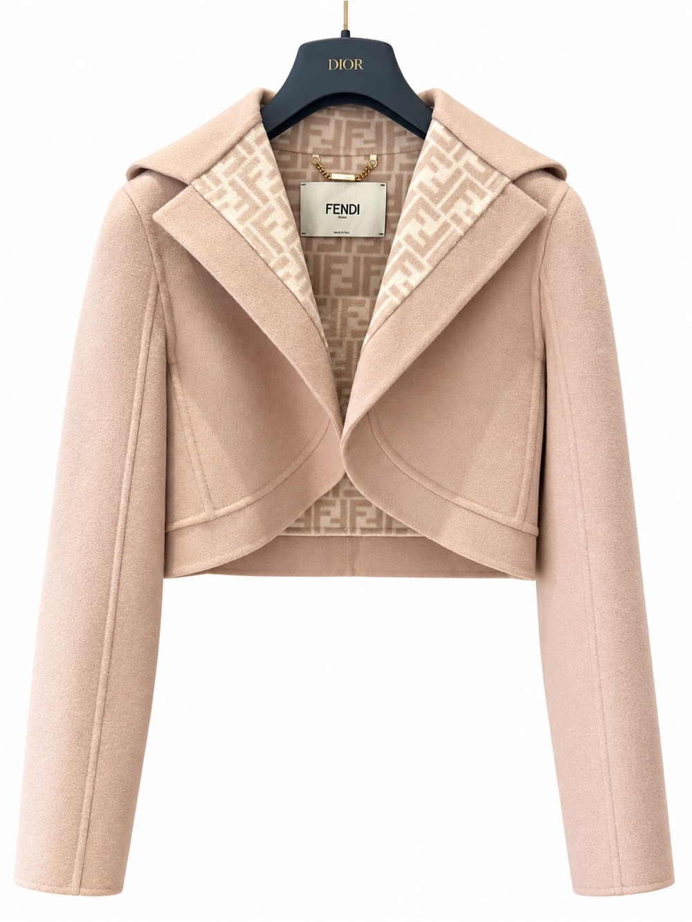 Fendi Blush Cropped Wool-Blend Jacket with FF Logo Lining